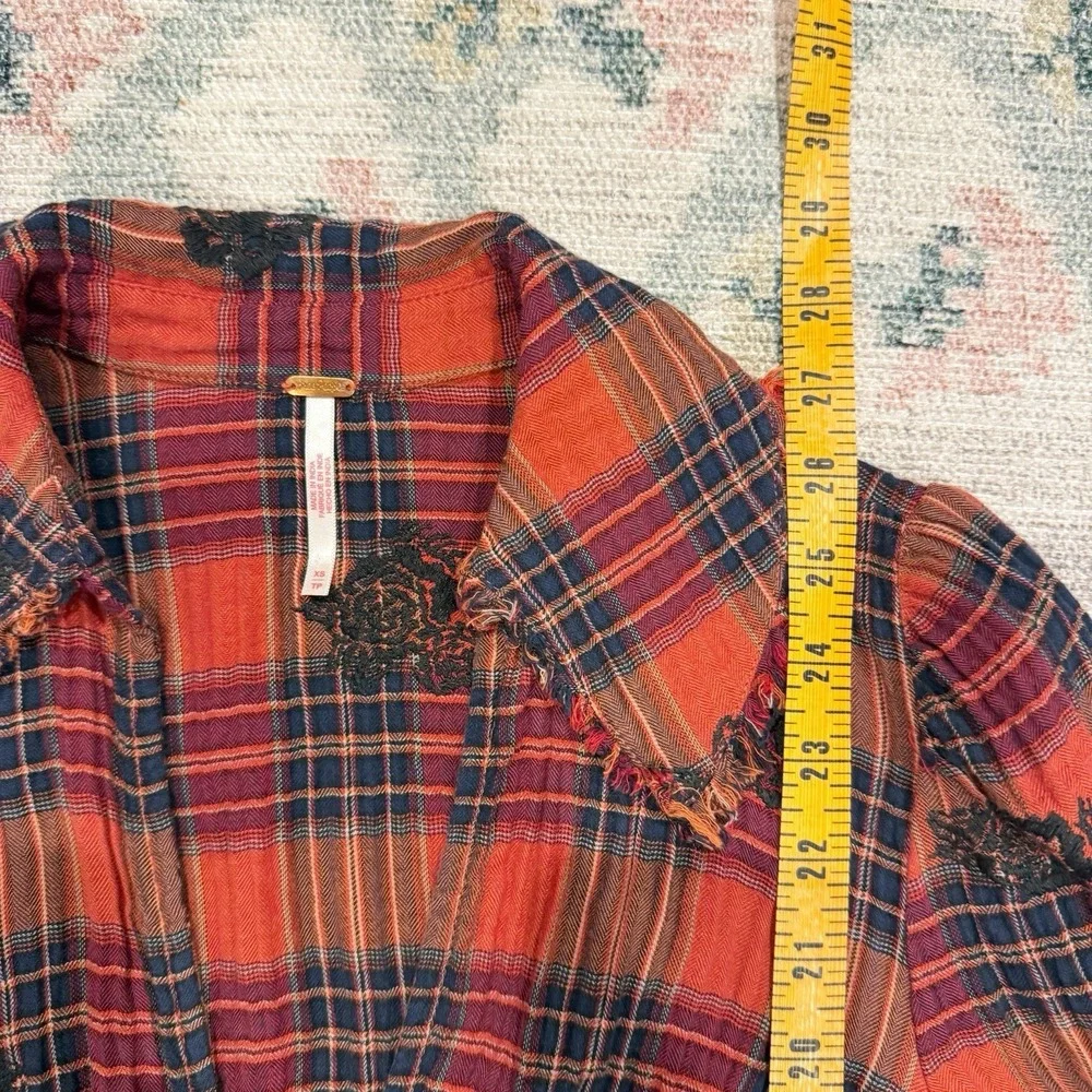 Free People Plaid Embroidered Tunic XS Boho Indie Hippie Bell Sleeve Raw Hem